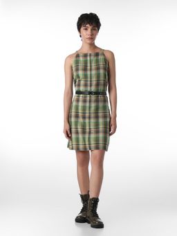 ONLY - Womens Checked Regular Fit Green Dress with Belt