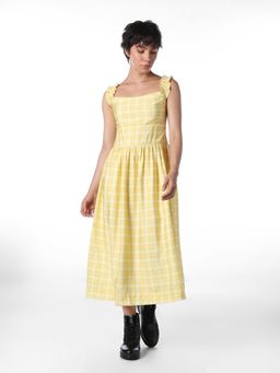 ONLY - Womens Checked Fit and Flare Yellow Dress