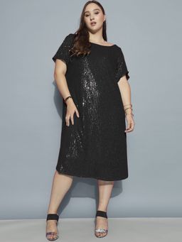 Curvy Lane - Black Boat Neck Sequins Dress