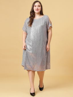 Curvy Lane - Silver Boat Neck Sequins Dress