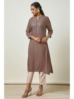Soch - Women Earth Rayon A-Line Embroidered with Faux Mirror Kurta