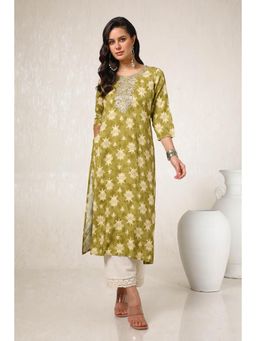 Soch - Women Green Rayon A-Line Botanical Print with Gotta Patti Kurta