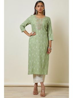 Soch - Women Sap Green Rayon A-Line Foil Print with Gotta Patti Kurta