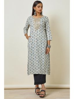 Soch - Women Off White Rayon A-Line Printed with Gotta Patti Kurta