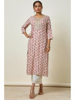 Soch - Women Onion Pink Rayon A-Line Printed with Gotta Patti Kurta