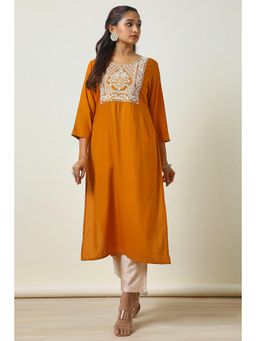 Soch - Women Orange Rayon A-Line Embroidered with Thread Work Kurta