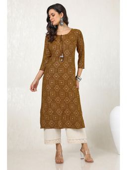 Soch - Women Brown Rayon A-Line Bandhani Print with Tassels Kurta