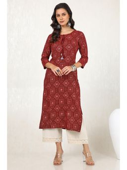 Soch - Women Maroon Rayon A-Line Bandhani Print with Tassels Kurta