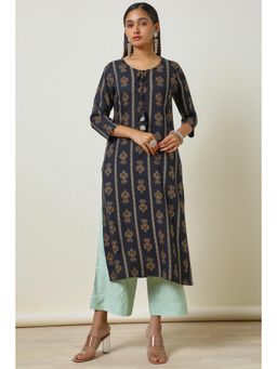 Soch - Women Black Rayon A-Line Foil Print with Tassels Kurta