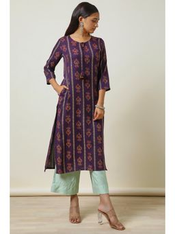 Soch - Women Purple Rayon A-Line Foil Print with Tassels Kurta