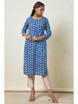 Soch - Women Blue Cotton Block Print Kurta