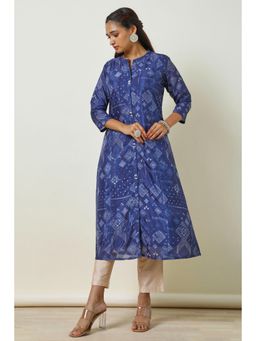 Soch - Women Navy Blue Art Silk Print with Beads Work Kurta