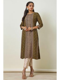 Soch - Women Olive Viscose Blend Botanical Print with Beads Work Kurta