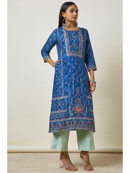 Soch - Women Blue Viscose Blend Printed Motifs with Bead Work Kurta