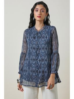 Soch - Women Blue Chiffon Ikat Print A-Line Tie-Up Neck Tunic