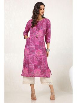 Soch - Women Pink Viscose Muslin Abstract Print with Tassels Kurta