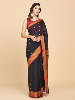 Fabindia - Black Cotton Woven Saree Without Blouse