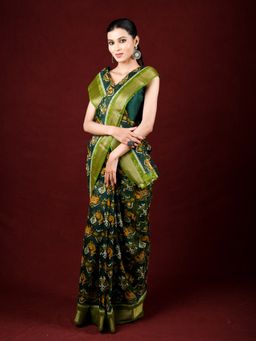 EXCLUSIVA - Green Cotton Printed Saree with Unstitched Blouse