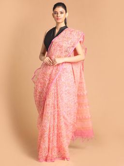 Indethnic - Peach Floral Super Net Saree with Unstitched Blouse