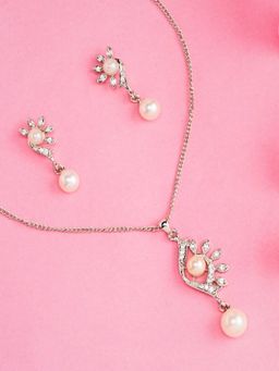 Estele - Rhodium Plated CZ Blossom Pendant Necklace with Pearl for Women (Set of 2)