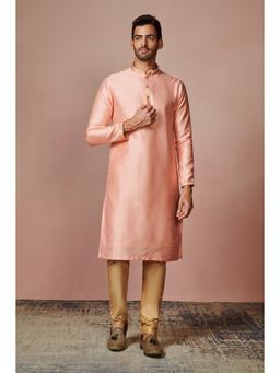 Manyavar - Pink Art Silk Mandarin Collar Kurta with Pencil Pajama (Set of 2)