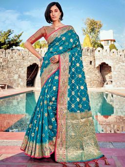 Odette - Womens Blue Banarasi Silk Woven Design Saree with Unstitched Blouse