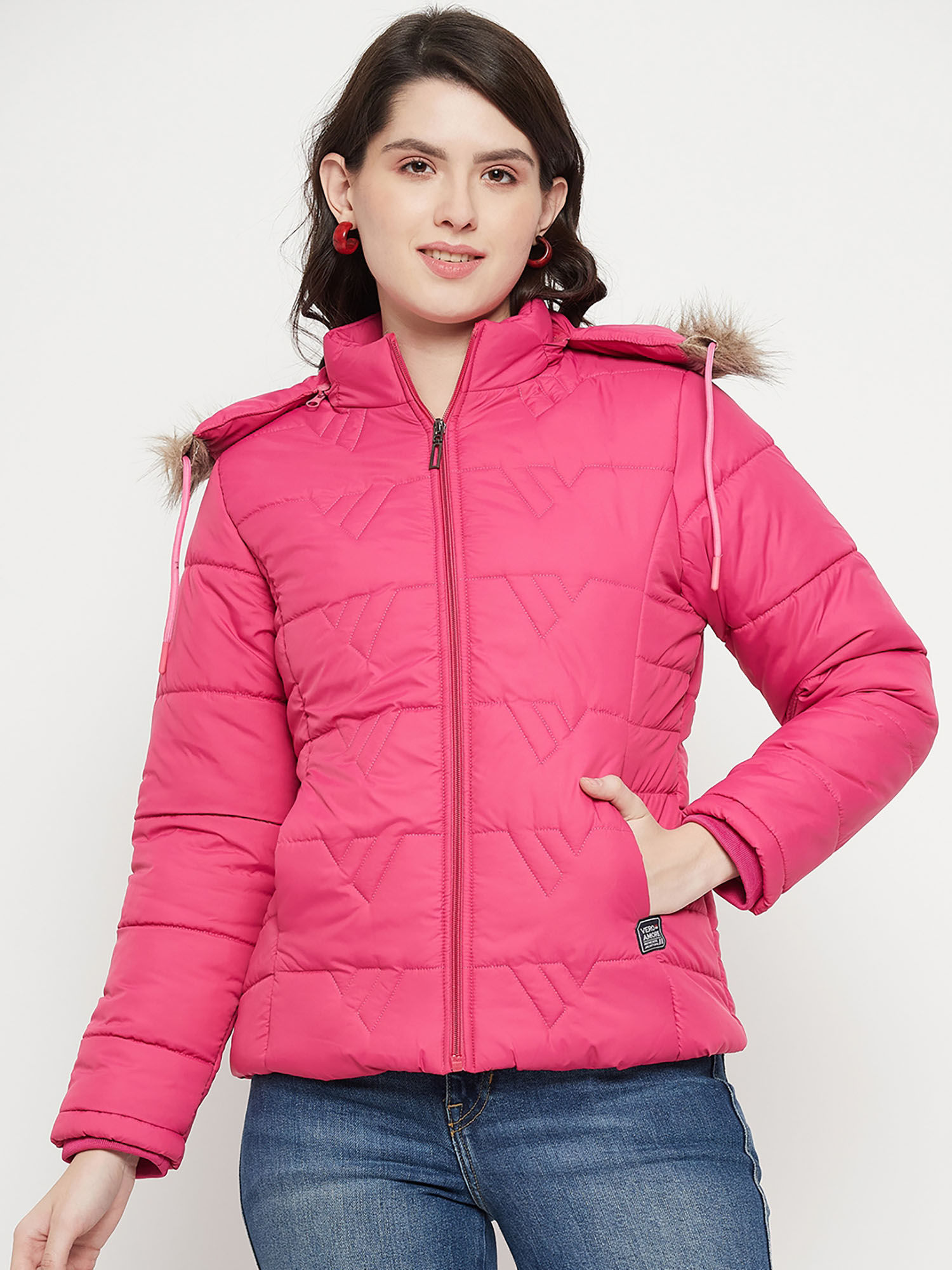 vero amore Women Winterwear Pink Solid Full Sleeves Hooded Jacket-picture-10