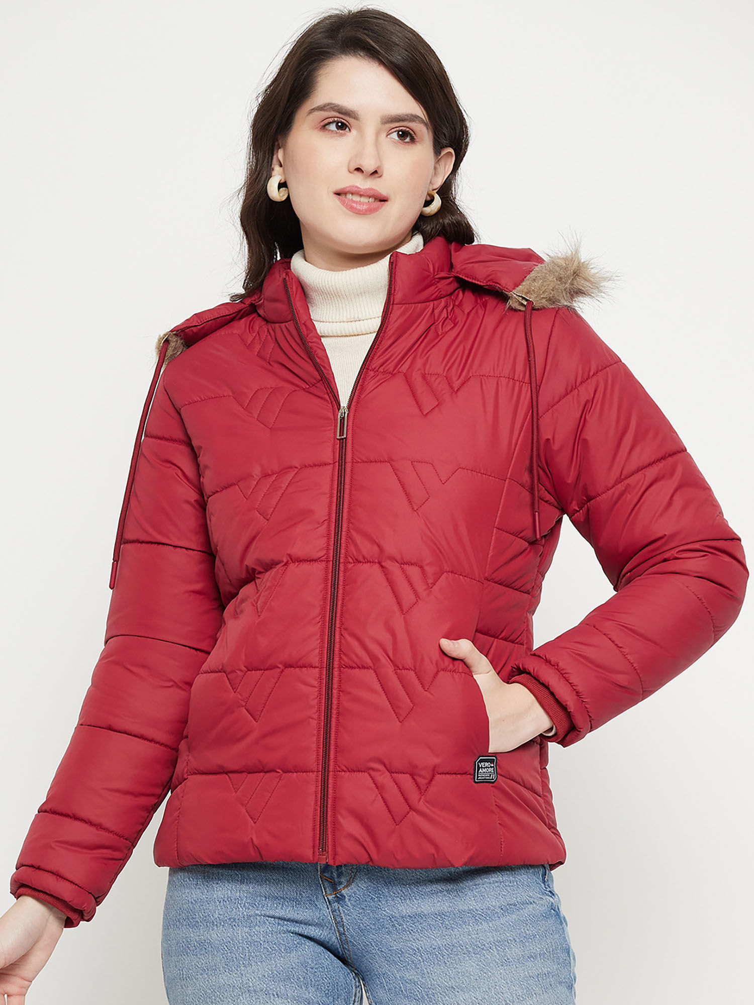 vero amore Women Winterwear Maroon Solid Full Sleeves Hooded Jacket-picture-15