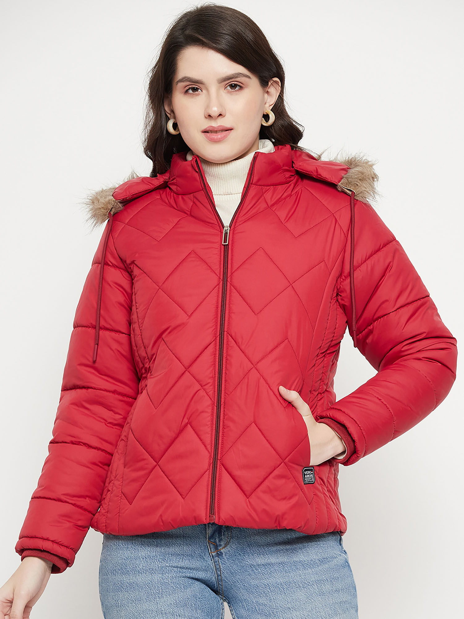vero amore Women Winterwear Red Solid Full Sleeves Hooded Jacket-picture-30