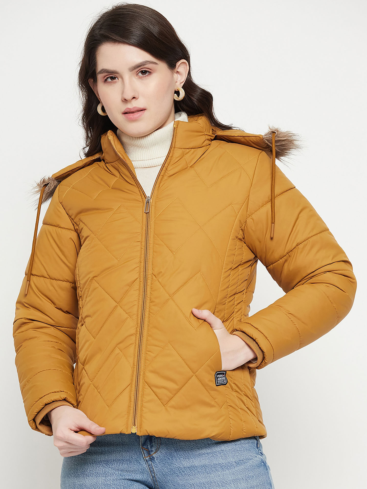 vero amore Women Winterwear Mustard Solid Full Sleeves Hooded Jacket-picture-12