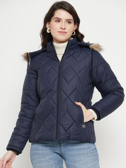 Vero Amore - Women Winterwear Navy Blue Solid Full Sleeves Hooded Jacket