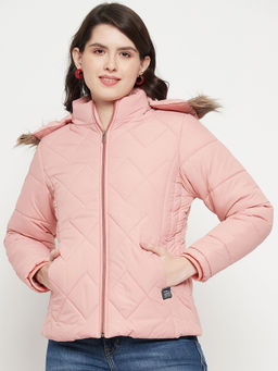 Vero Amore - Women Winterwear Pink Solid Full Sleeves Hooded Jacket