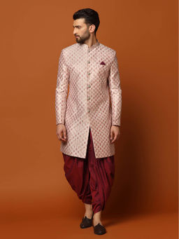 KISAH - Men Pink Textured Silk Blend Jacquard Indowestern Sherwani Dhoti Set with Zari Design