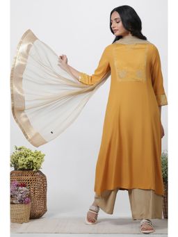 Wishful - Women Yellow Viscose Straight Kurta with Parallel Pant & Dupatta (Set of 3)