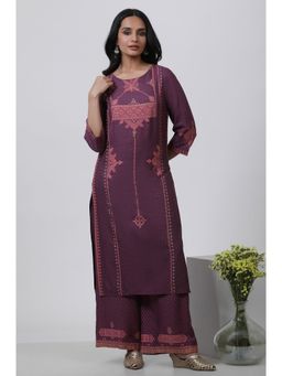 Wishful - Women Purple Geometric Print Viscose Straight Kurta with Parallel Pant (Set of 2)