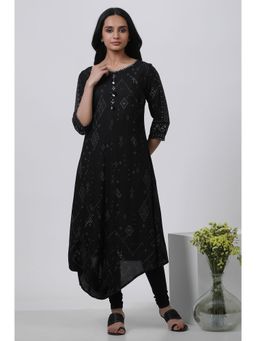 WISHFUL by W - Women Black Geometric Print Viscose A-Line Kurta with Tight (Set of 2)