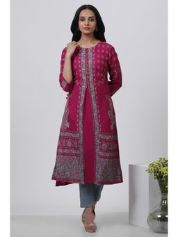 WISHFUL by W - Women Pink Festive Viscose Straight Kurta with Slim Pant (Set of 2)