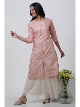 WISHFUL by W - Women Pink Festive Shantung Straight Kurta with Skirt (Set of 2)