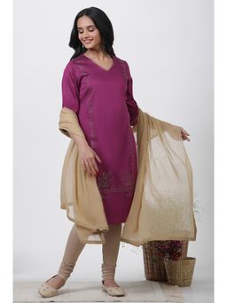 Wishful - Women Purple Geometric Viscose Straight Kurta with Churidar & Dupatta (Set of 3)