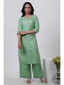 WISHFUL by W - Women Green Festive Polyester Straight Kurta with Parallel Pant (Set of 2)