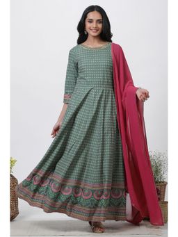 WISHFUL by W - Women Green Festive Floral Print Viscose Flared Dress & Dupatta (Set of 2)