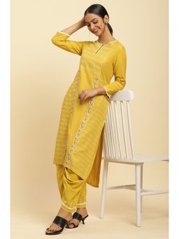 Wishful - Women Yellow Viscose Straight Kurta with Drape Pant (Set of 2)