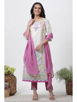 WISHFUL by W - Women Off White-Pink Printed Cotton Kurta with Slim Pant & Dupatta (Set of 3)