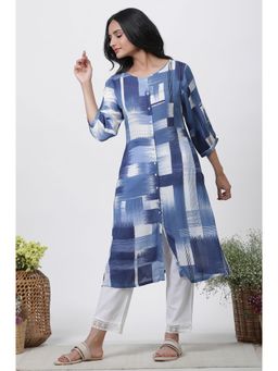 WISHFUL by W - Women Blue Abstract Print Viscose Straight Kurta with Straight Pant (Set of 2)
