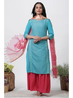 WISHFUL by W - Women Blue Geometric Print Cotton Straight Kurta with Sharara & Dupatta (Set of 3)