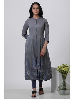 WISHFUL by W - Women Grey Floral Print Cotton Flared Kurta with Tight (Set of 2)