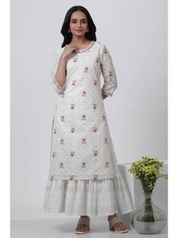 WISHFUL by W - Women Off White Festive Floral Print Kota Straight Kurta