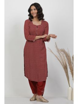 WISHFUL by W - Women Red Geometric Print Viscose Straight Kurta