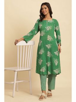 WISHFUL by W - Women Green Floral Print Viscose Straight Kurta