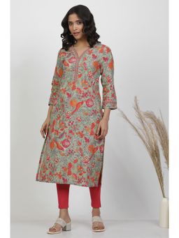 WISHFUL by W - Women Green Floral Print Cotton Straight Kurta